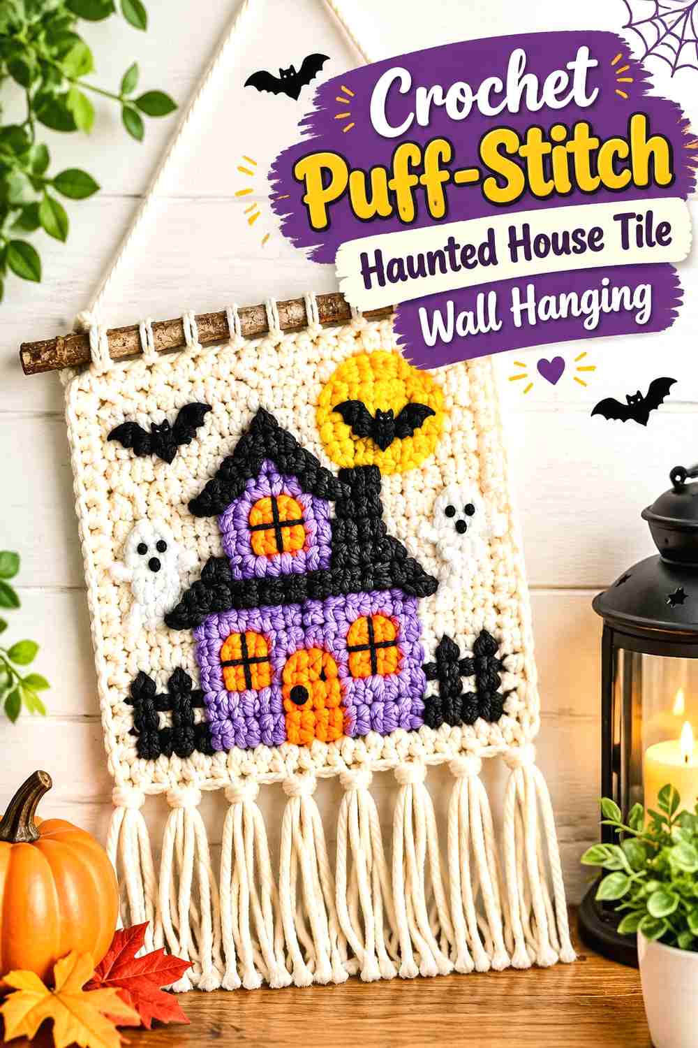 5. Crochet Puff Stitch Haunted House Tile Wall Hanging
