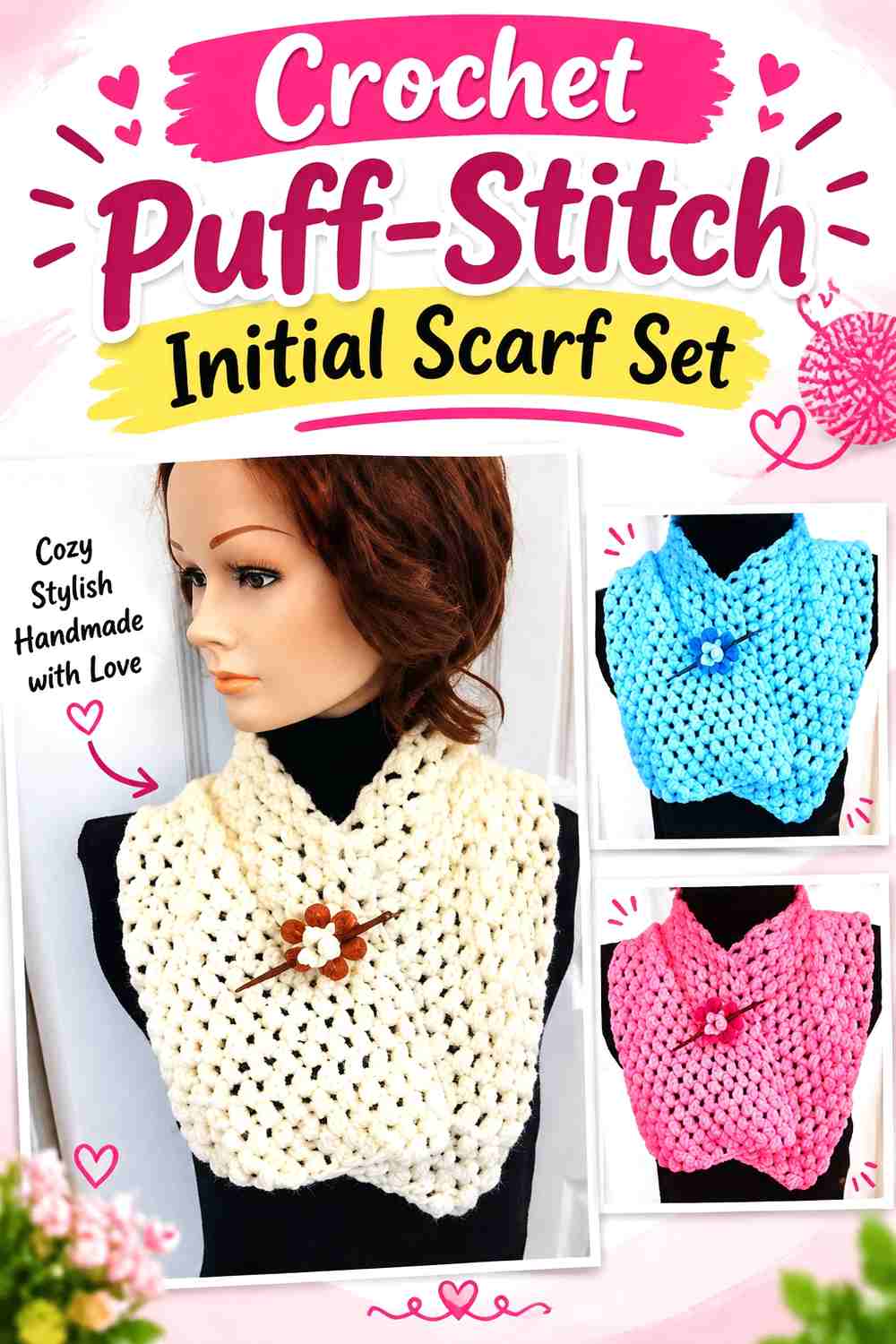 6. Crochet Puff-Stitch Initial Scarf Set