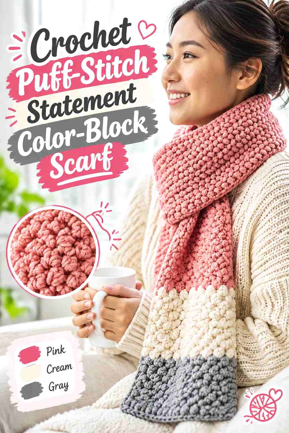 18. Crochet Puff-Stitch Statement Color-Block Scarf
