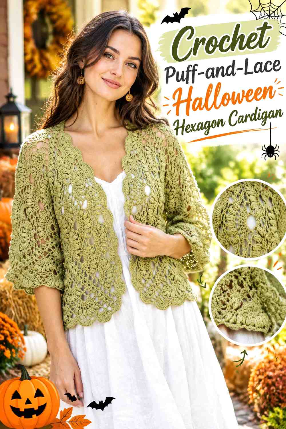 Crochet Puff and Lace Halloween Hexagon Cardigan