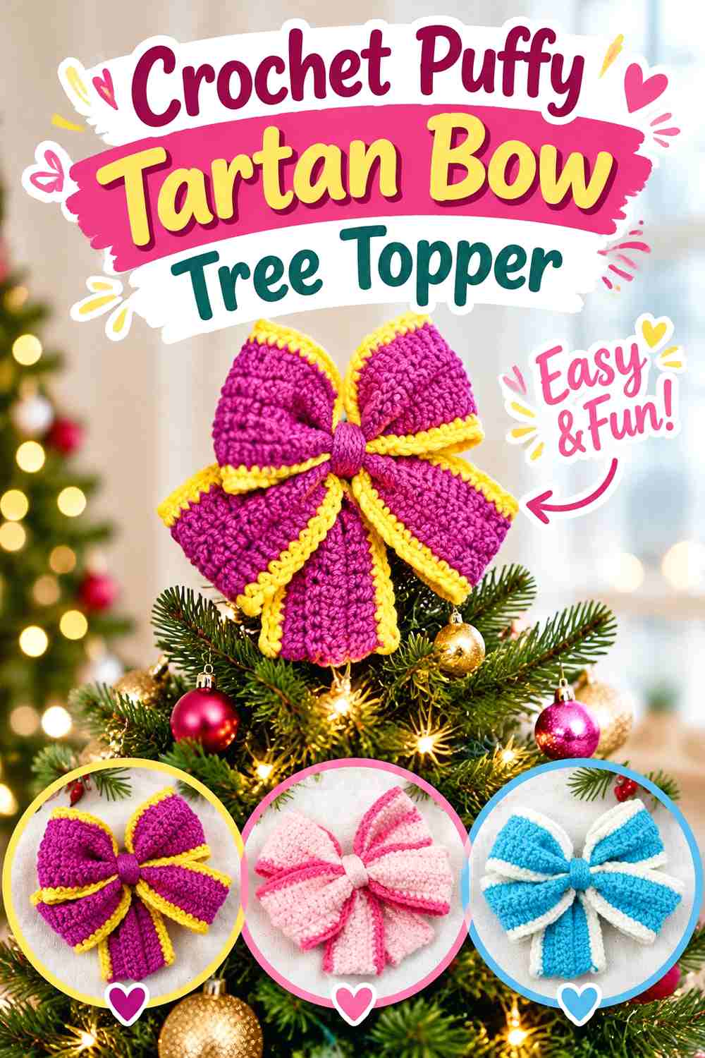 7. Crochet Puffy Tartan Bow Tree Topper