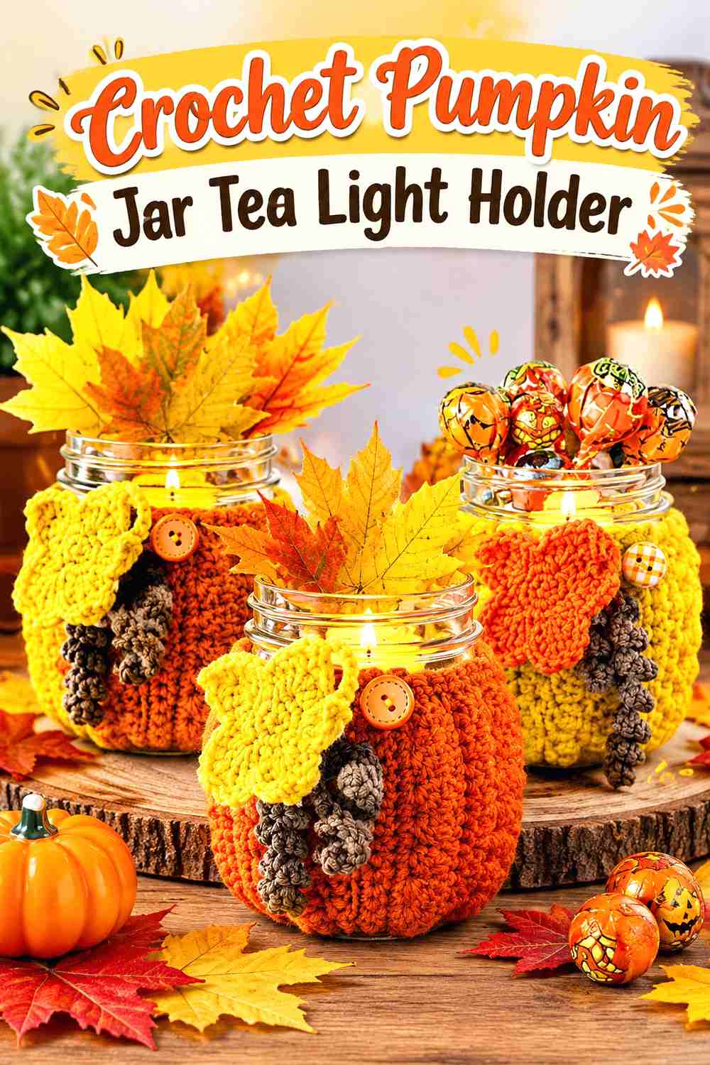 1. Crochet Pumpkin Jar Tea Light Holder