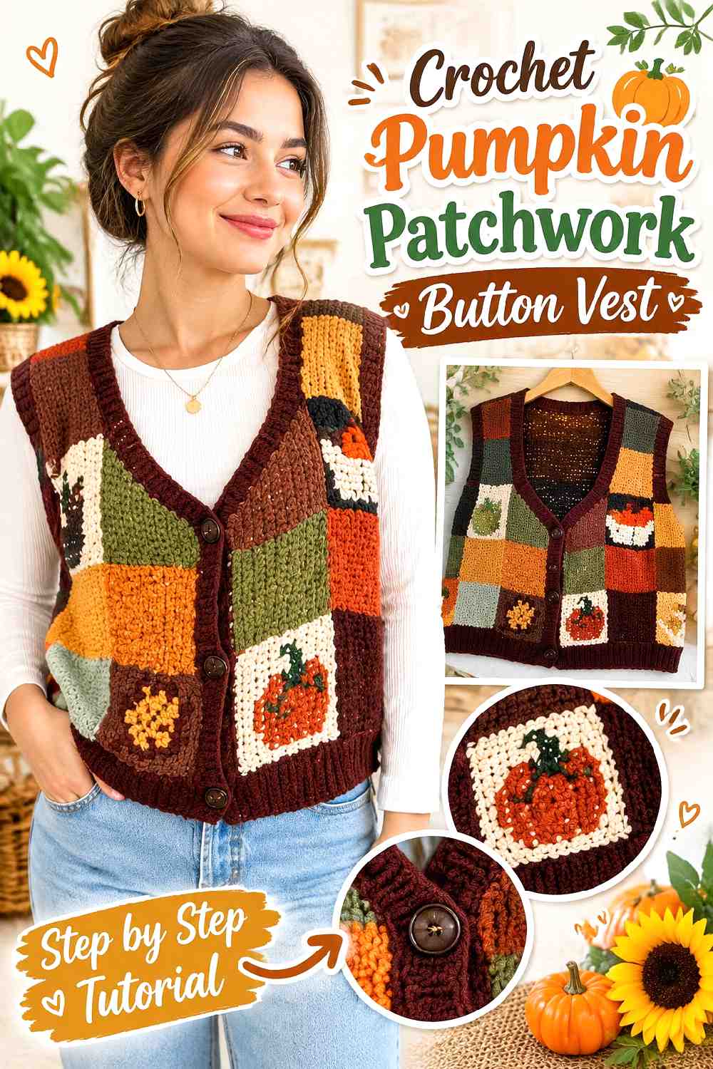 2. Crochet Pumpkin Patchwork Button Vest