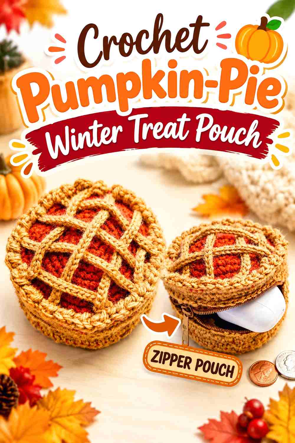 15. Crochet Pumpkin-Pie Winter Treat Pouch