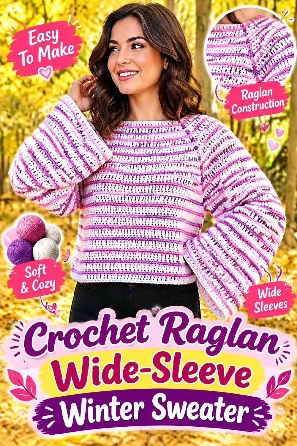 14. Crochet Raglan Wide-Sleeve Winter Sweater