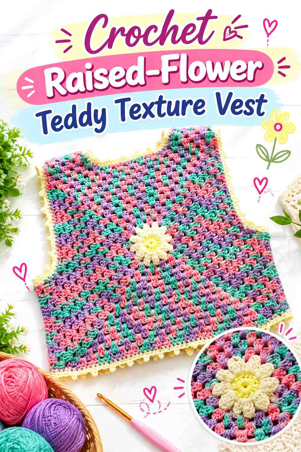 9. Crochet Raised-Flower Teddy Texture Vest