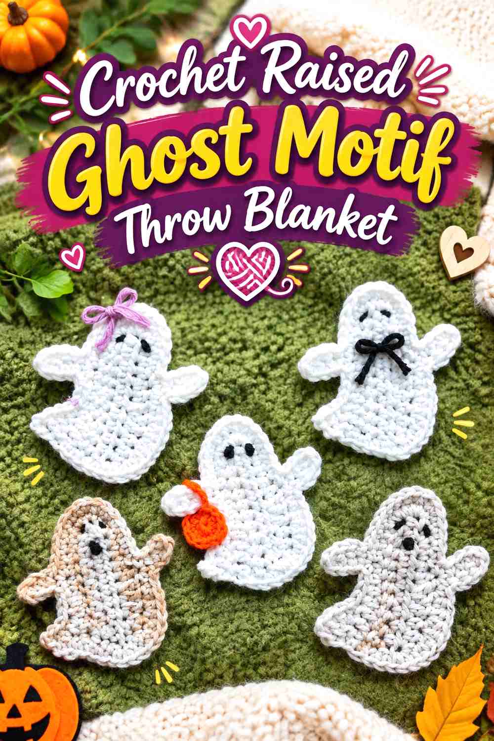 8. Crochet Raised Ghost Motif Throw Blanket