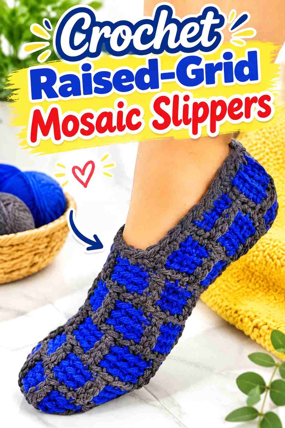 2. Crochet Raised-Grid Mosaic Slippers