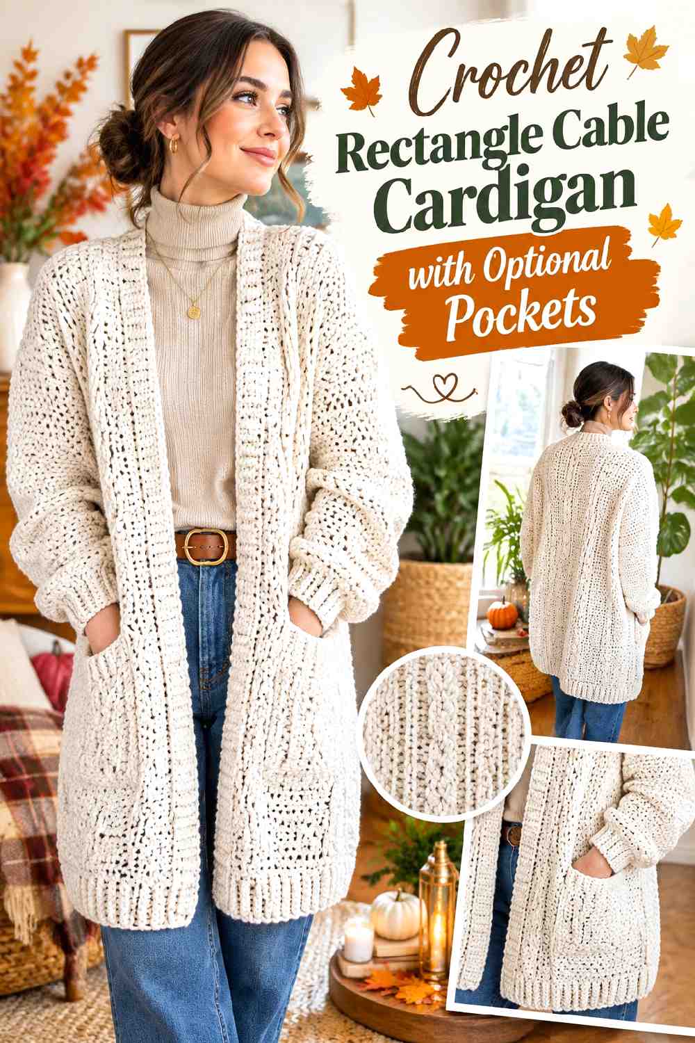 8. Crochet Rectangle Cable Cardigan With Optional Pockets