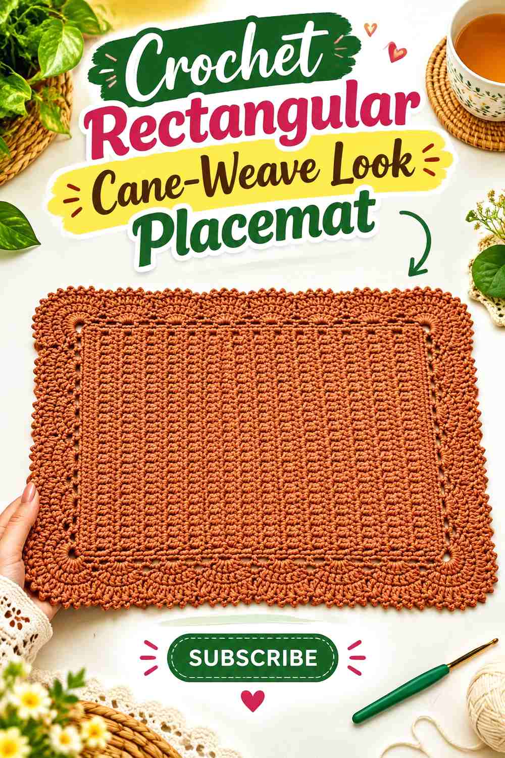 9. Crochet Rectangular Cane-Weave Look Placemat