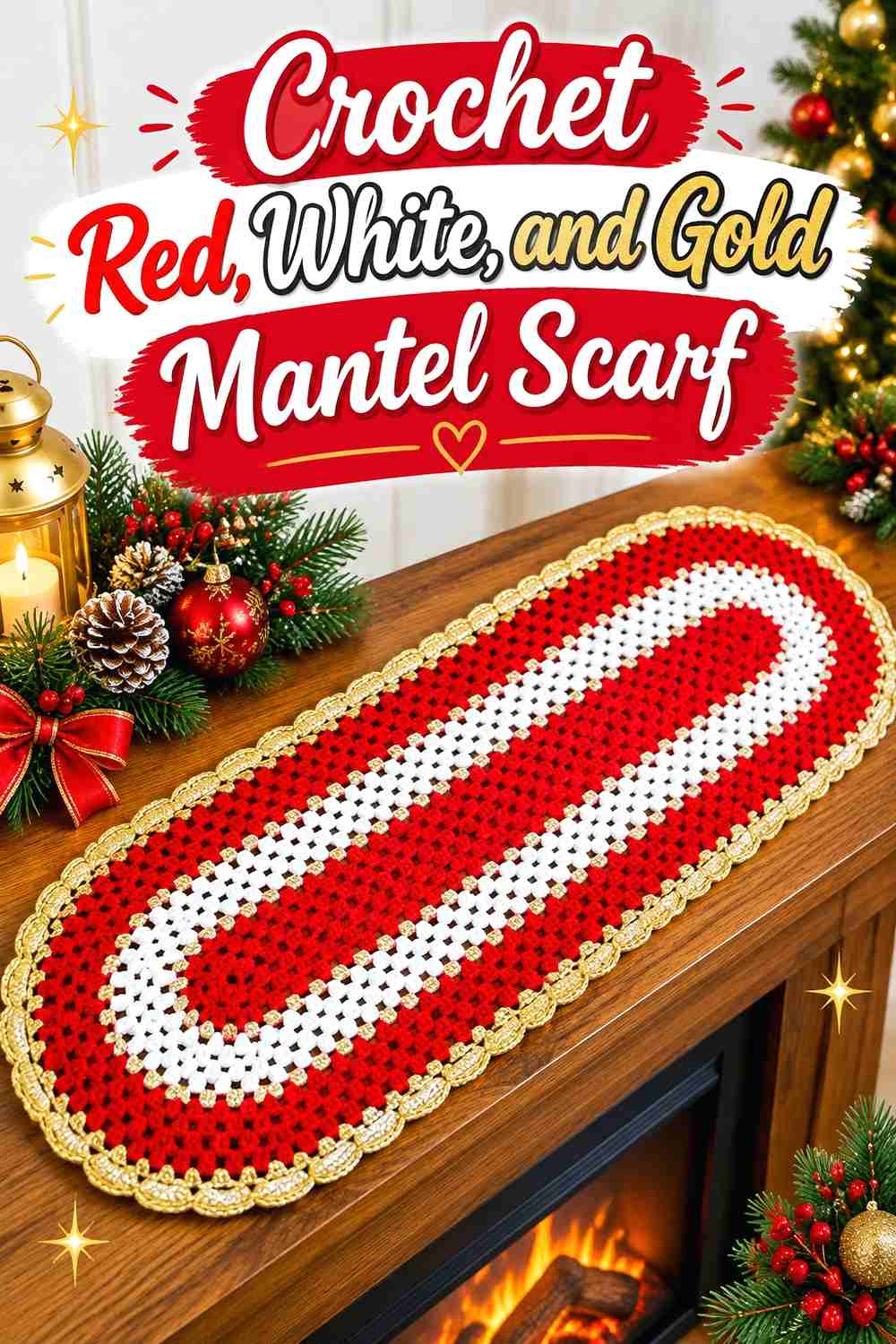 7. Crochet Red, White, and Gold Mantel Scarf