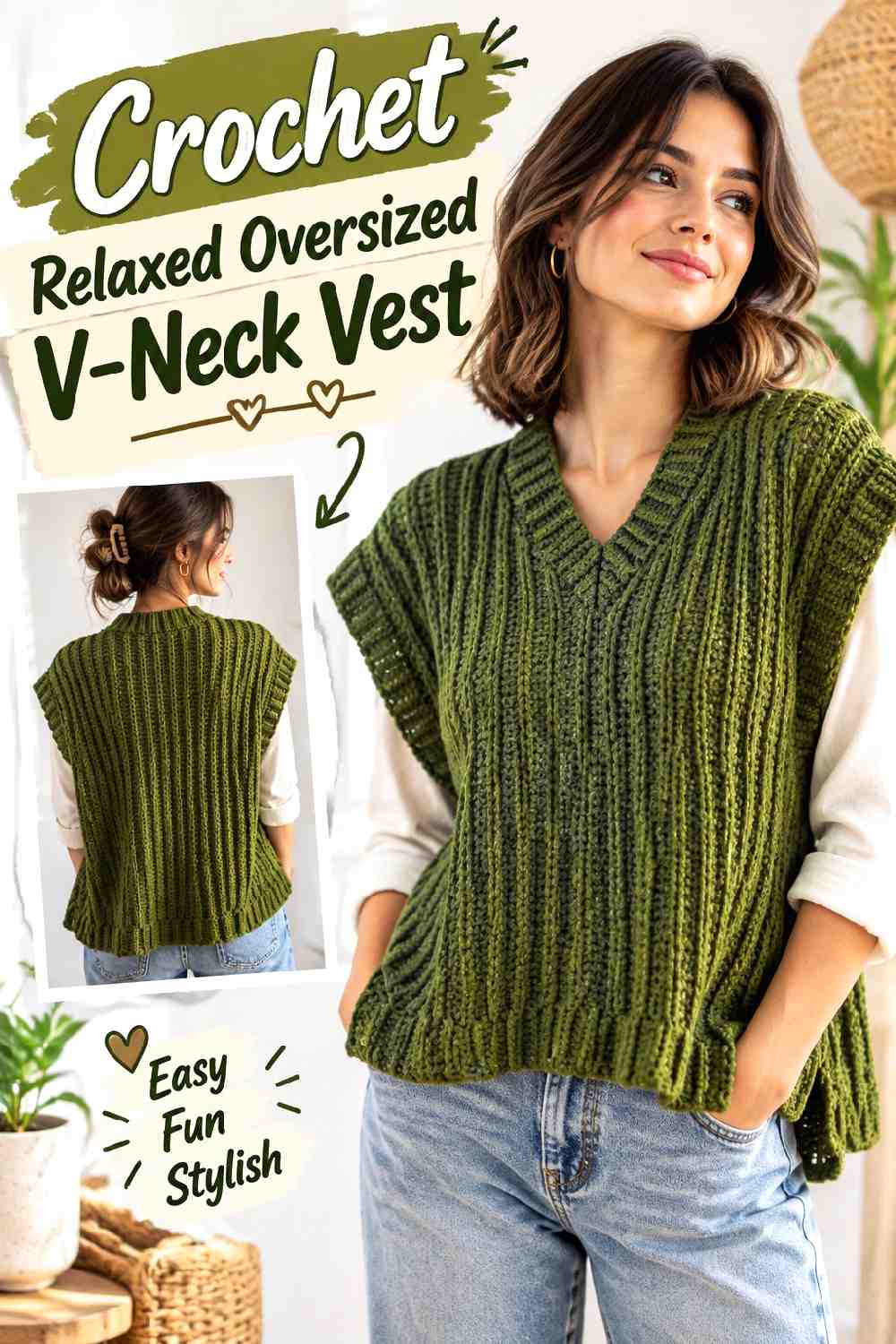 14. Crochet Relaxed Oversized V Neck Vest
