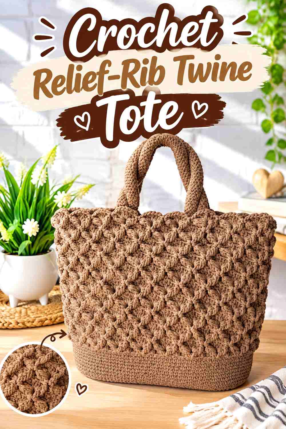 5. Crochet Relief-Rib Twine Tote