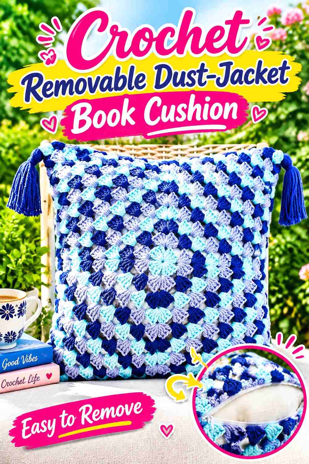 4. Crochet Removable Dust-Jacket Book Cushion