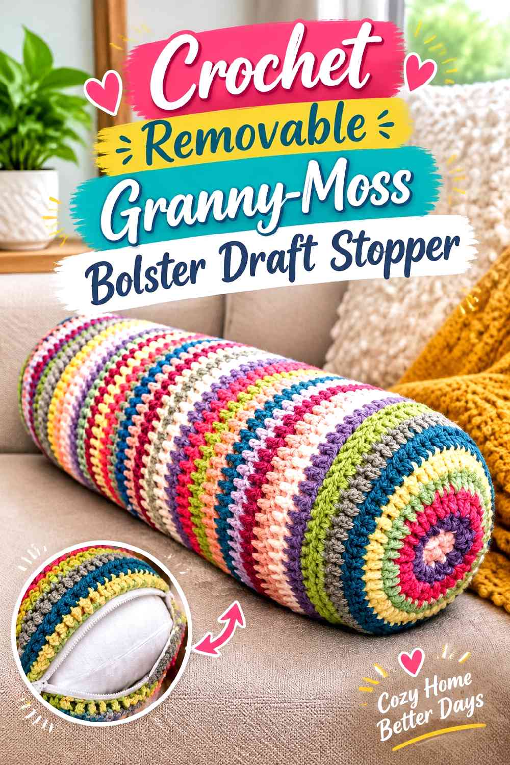 9. Crochet Removable Granny-Moss Bolster Draft Stopper