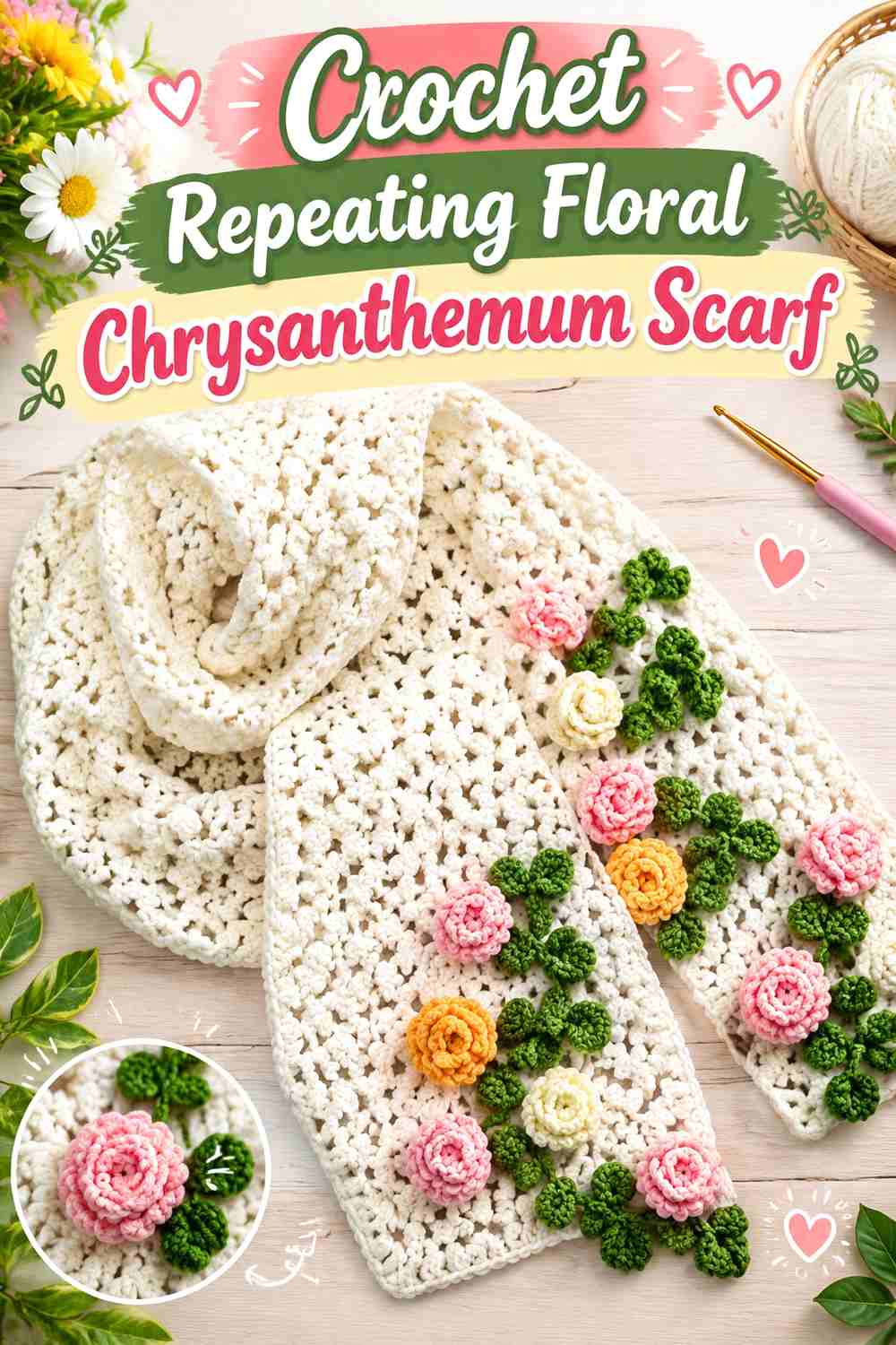 2. Crochet Repeating Floral Chrysanthemum Scarf
