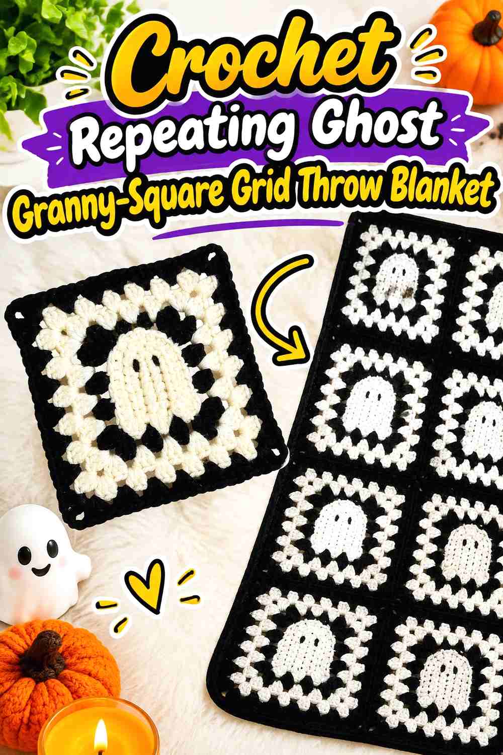 2. Crochet Repeating Ghost Granny-Square Grid Throw Blanket