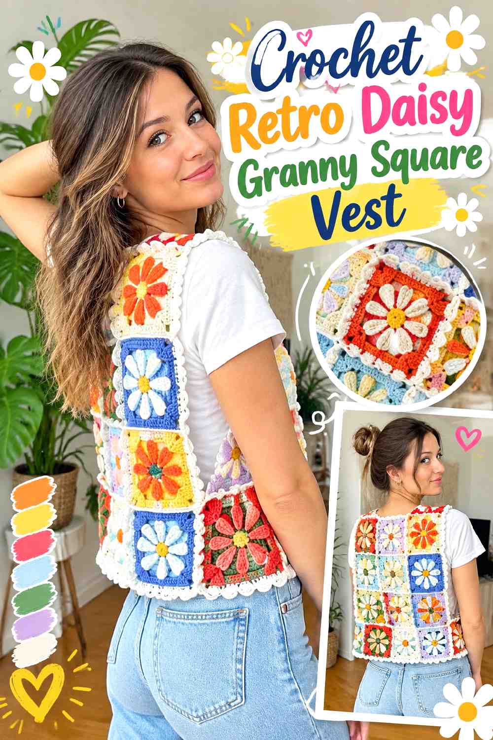 3. Crochet Retro Daisy Granny Square Vest