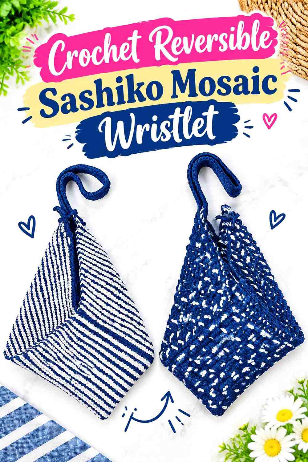 2. Crochet Reversible Sashiko Mosaic Wristlet