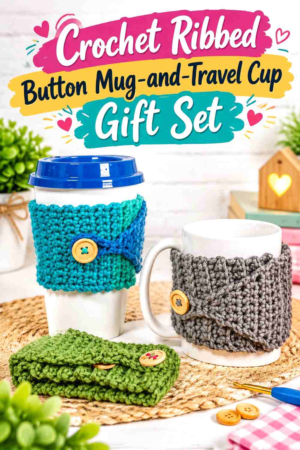 15. Crochet Ribbed Button Mug-and-Travel Cup Gift Set