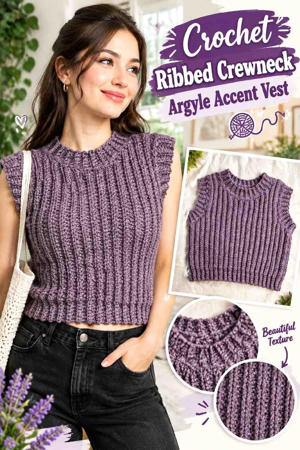 3. Crochet Ribbed Crewneck Argyle Accent Vest