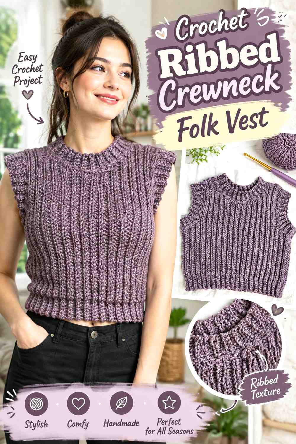 13. Crochet Ribbed Crewneck Folk Vest