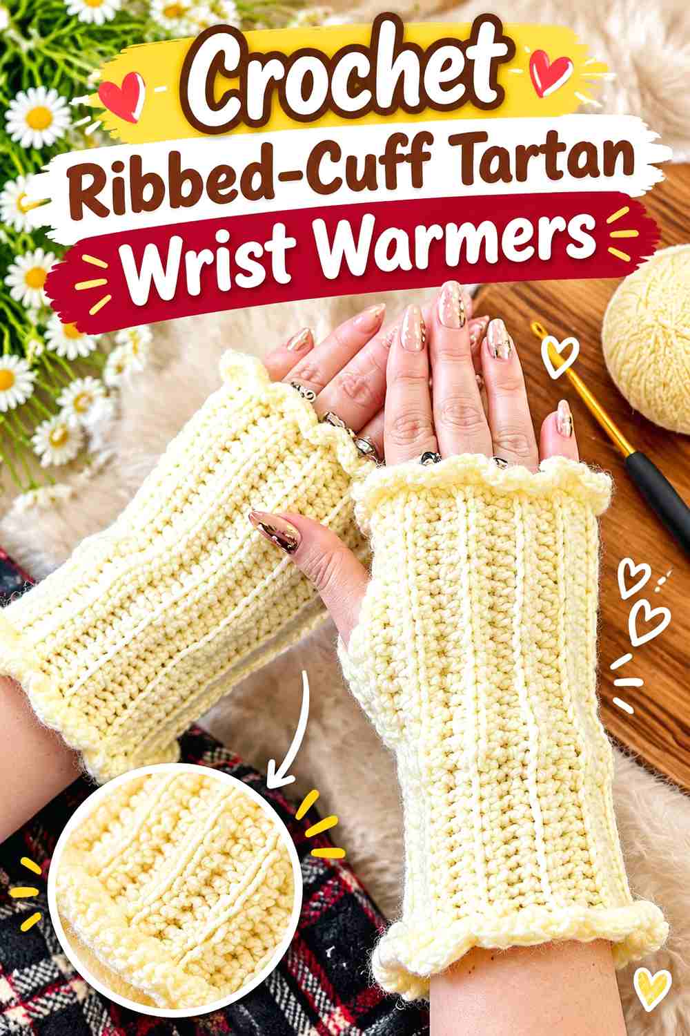 9. Crochet Ribbed-Cuff Tartan Wrist Warmers
