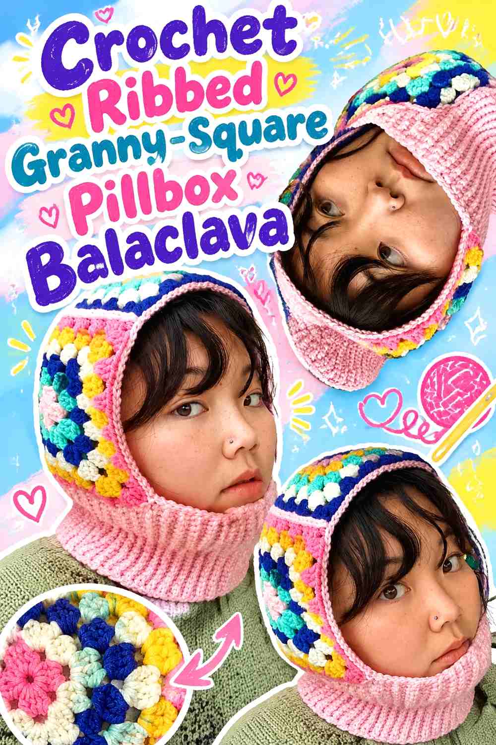16. Crochet Ribbed Granny-Square Pillbox Balaclava