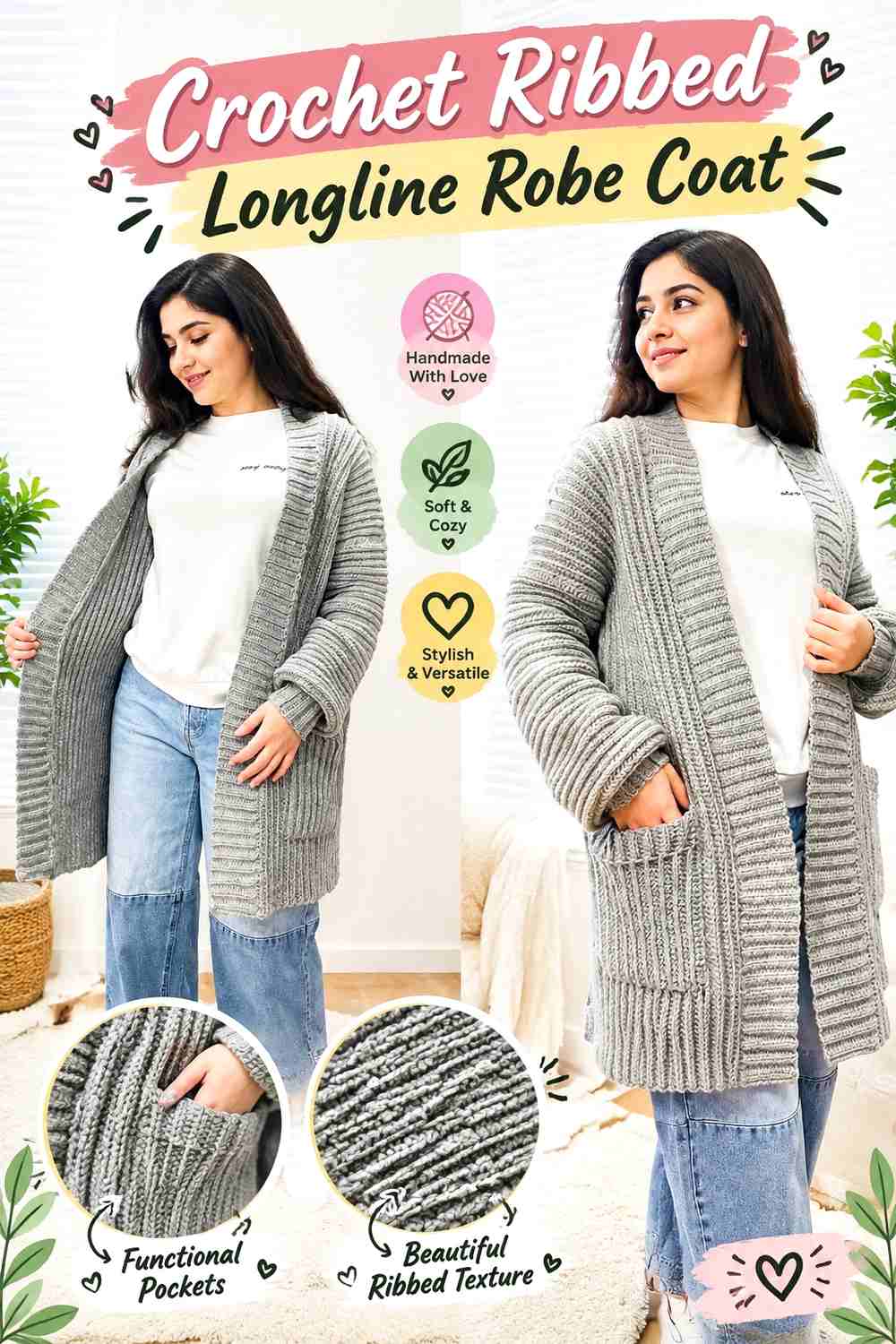 7. Crochet Ribbed Longline Robe Coat