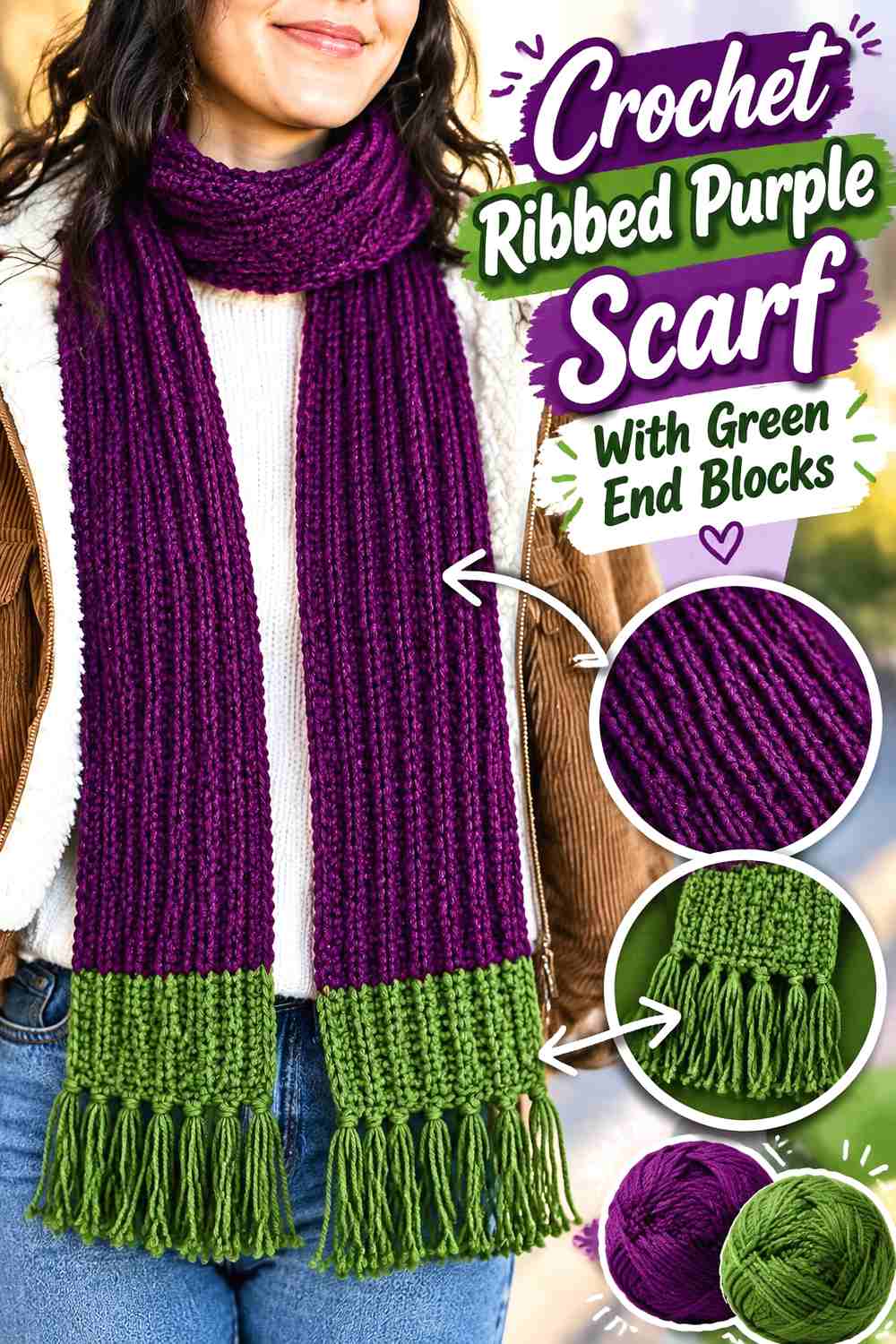 4. Crochet Ribbed Purple Scarf With Green End Blocks