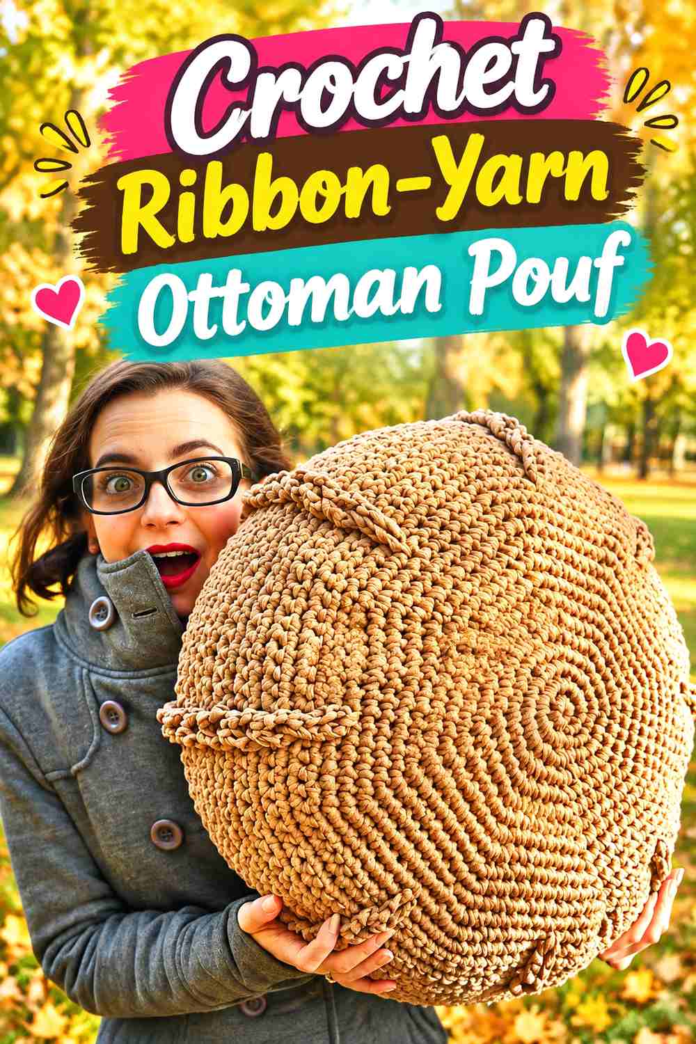 3. Crochet Ribbon-Yarn Ottoman Pouf