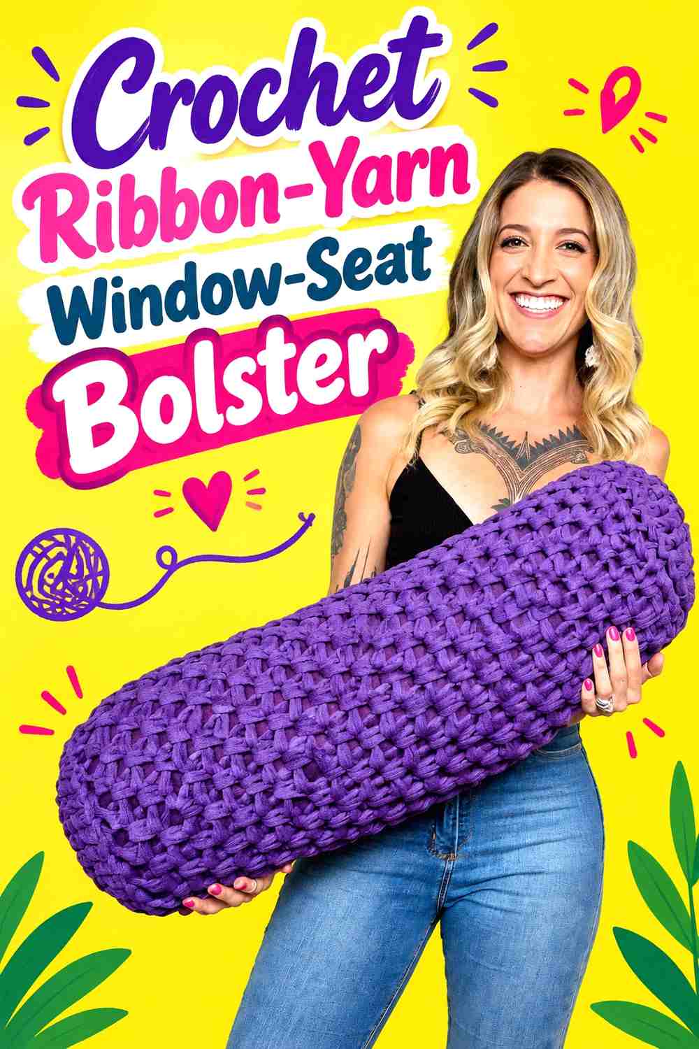 1. Crochet Ribbon-Yarn Window-Seat Bolster
