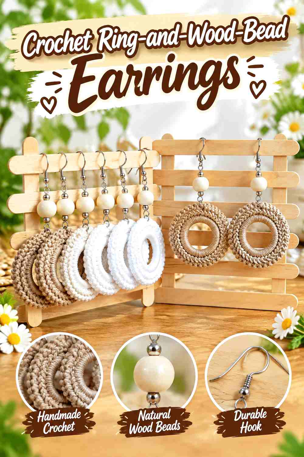 8. Crochet Ring And Wood Bead Earrings