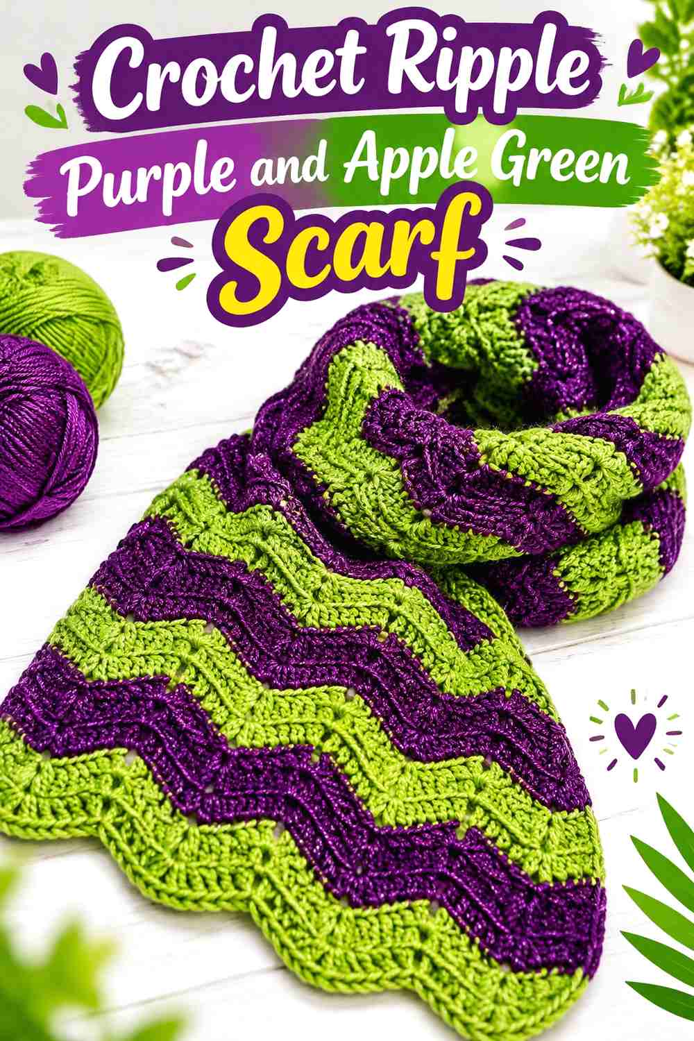 12. Crochet Ripple Purple and Apple Green Scarf