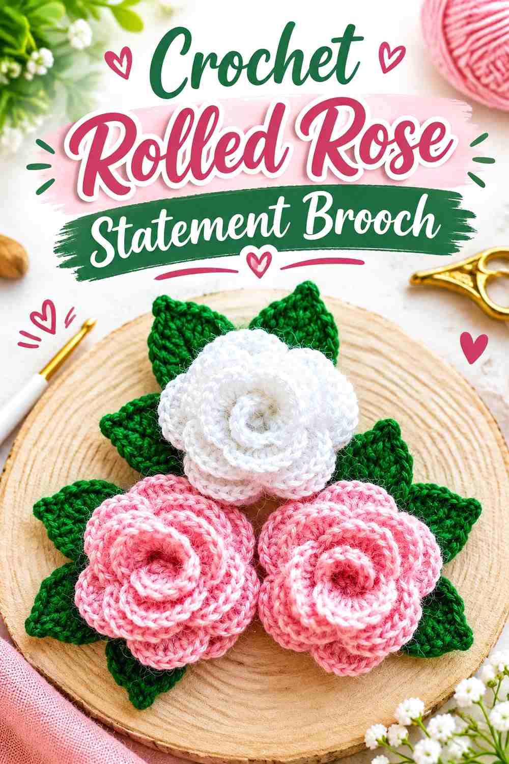 8. Crochet Rolled Rose Statement Brooch