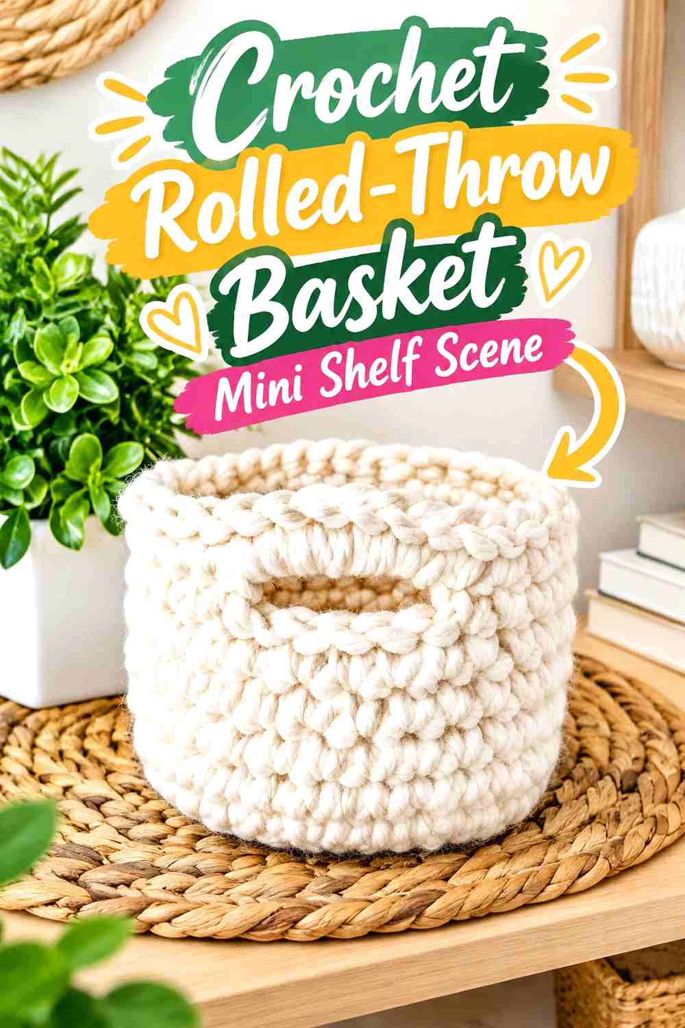 8. Crochet Rolled-Throw Basket Mini Shelf Scene