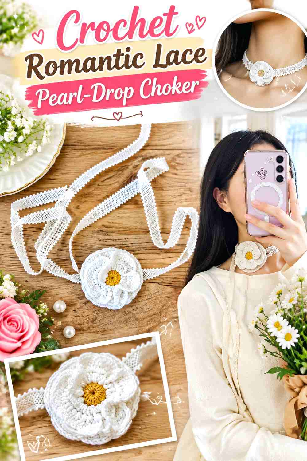 9. Crochet Romantic Lace Pearl Drop Choker