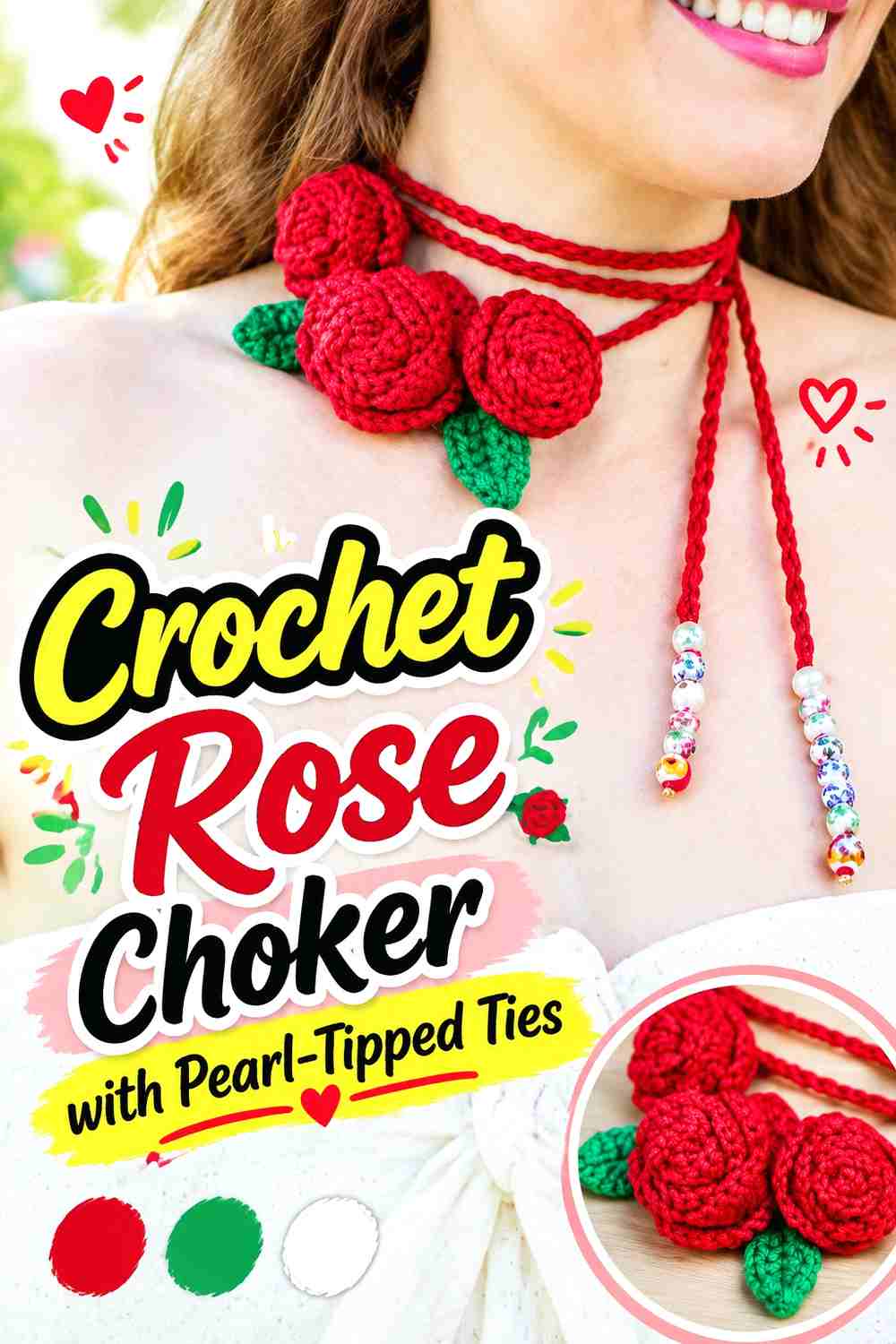 11. Crochet Rose Choker With Pearl Tipped Ties
