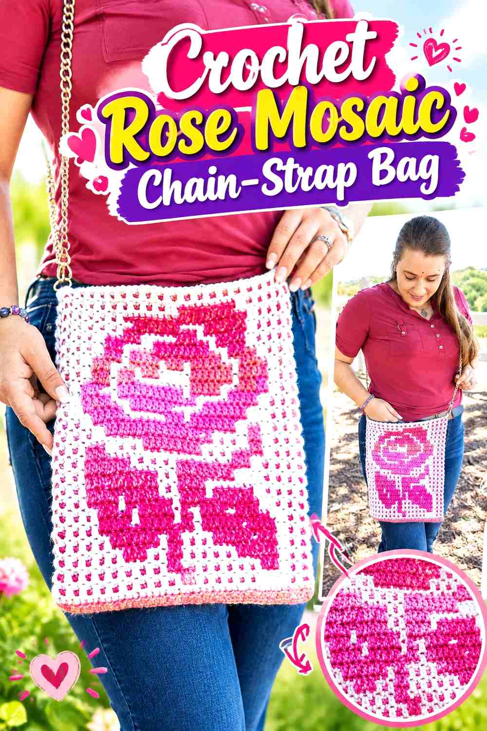 5. Crochet Rose Mosaic Chain-Strap Bag
