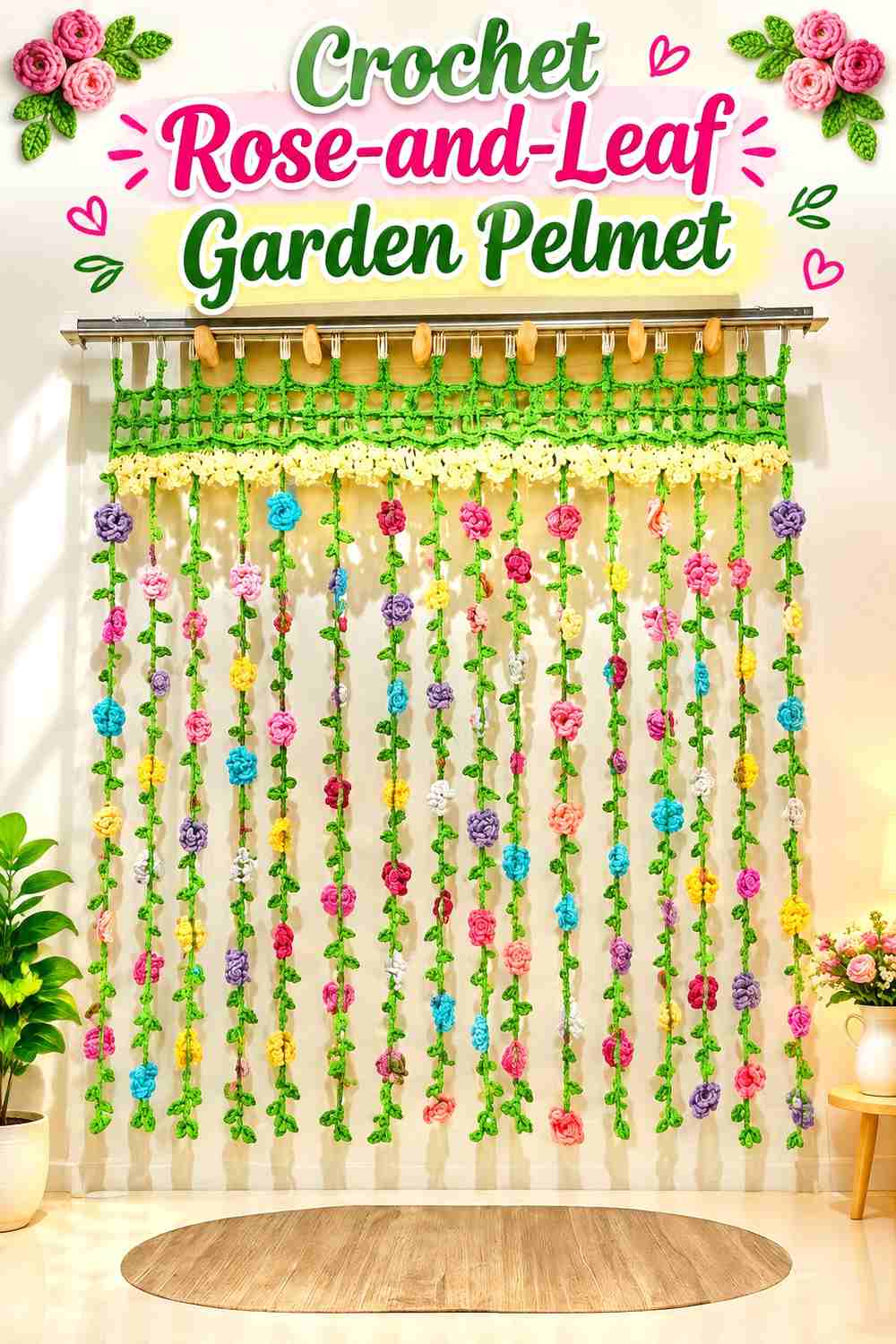 13. Crochet Rose-and-Leaf Garden Pelmet