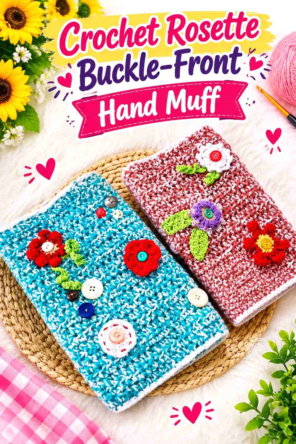 15. Crochet Rosette Buckle-Front Hand Muff