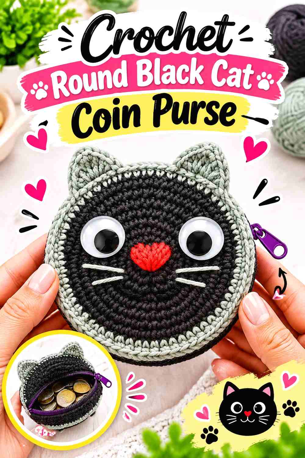 5. Crochet Round Black Cat Coin Purse