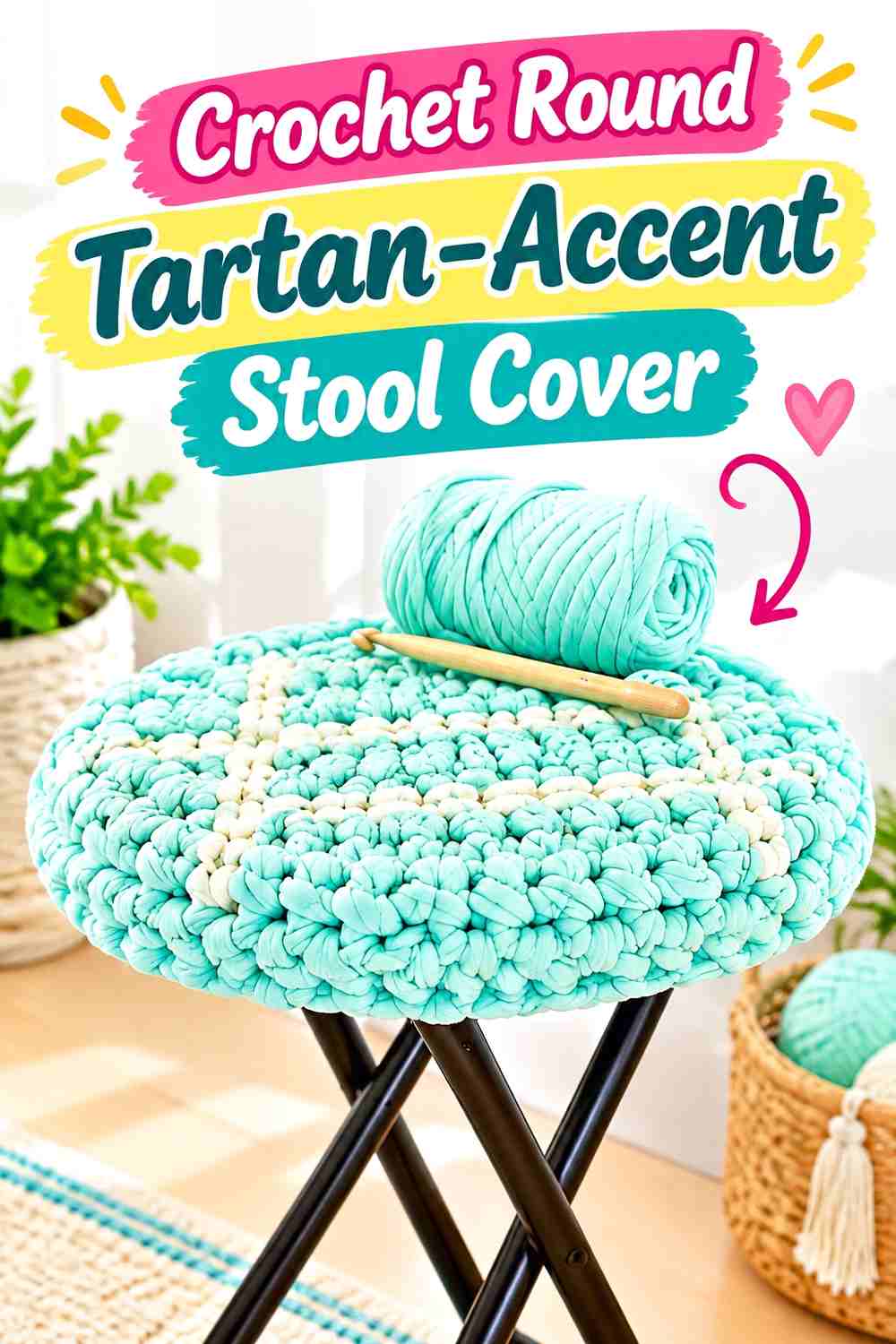 13. Crochet Round Tartan-Accent Stool Cover