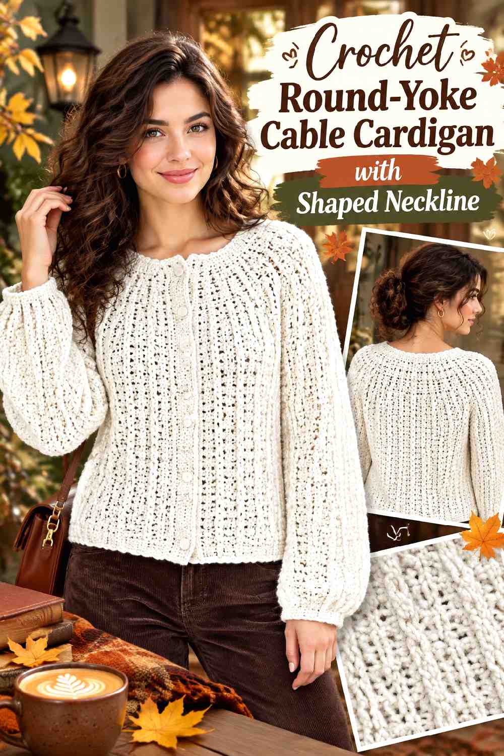 3. Crochet Round Yoke Cable Cardigan With Shaped Neckline
