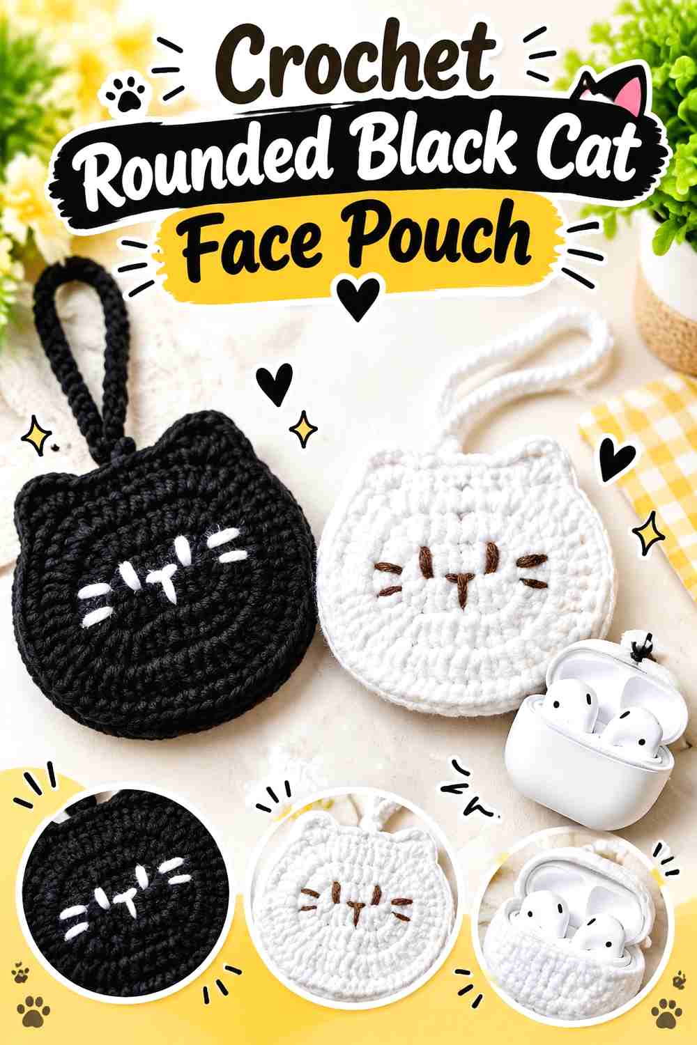 14. Crochet Rounded Black Cat Face Pouch