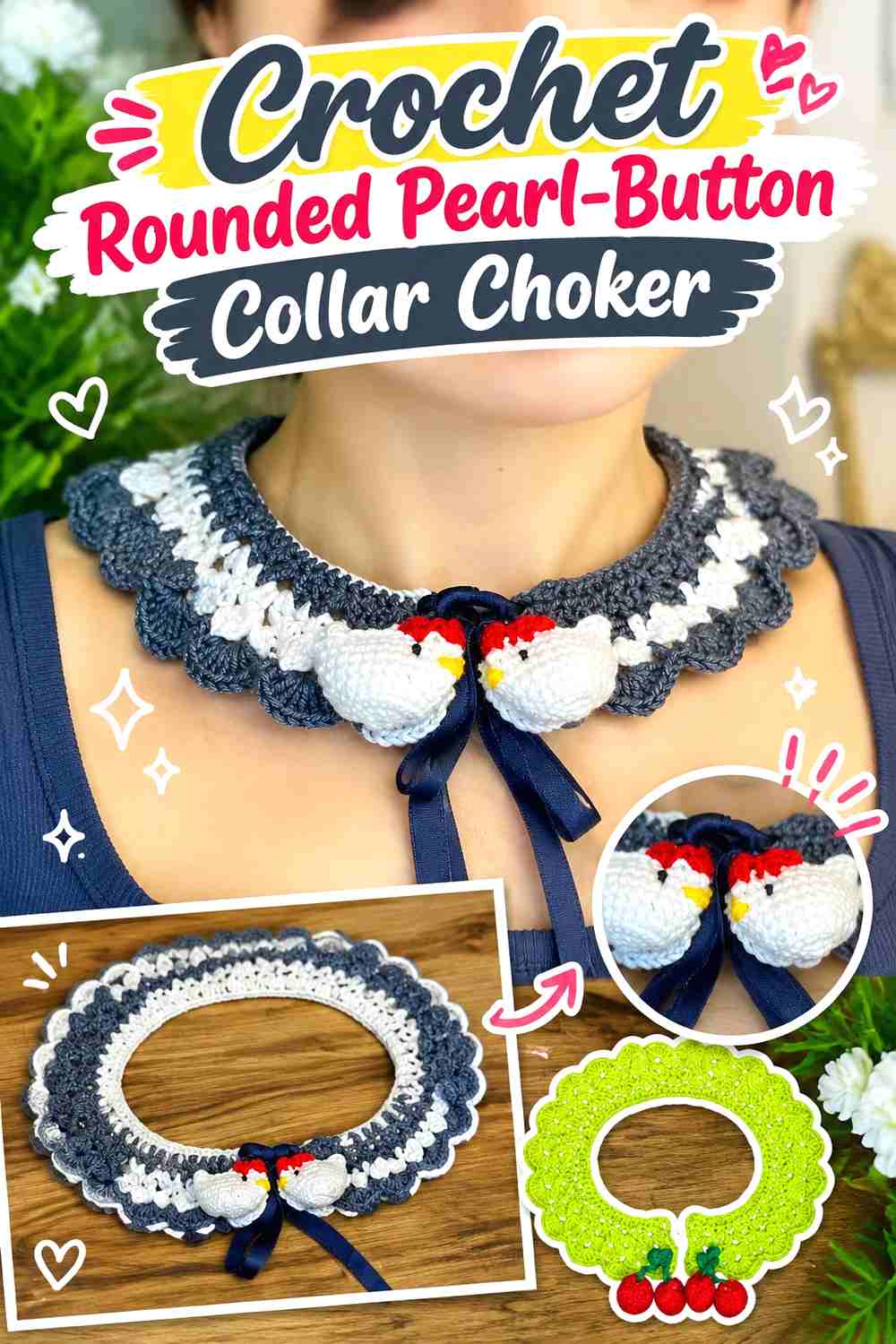 16. Crochet Rounded Pearl Button Collar Choker