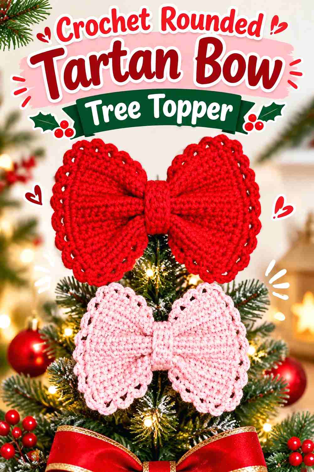 9. Crochet Rounded Tartan Bow Tree Topper