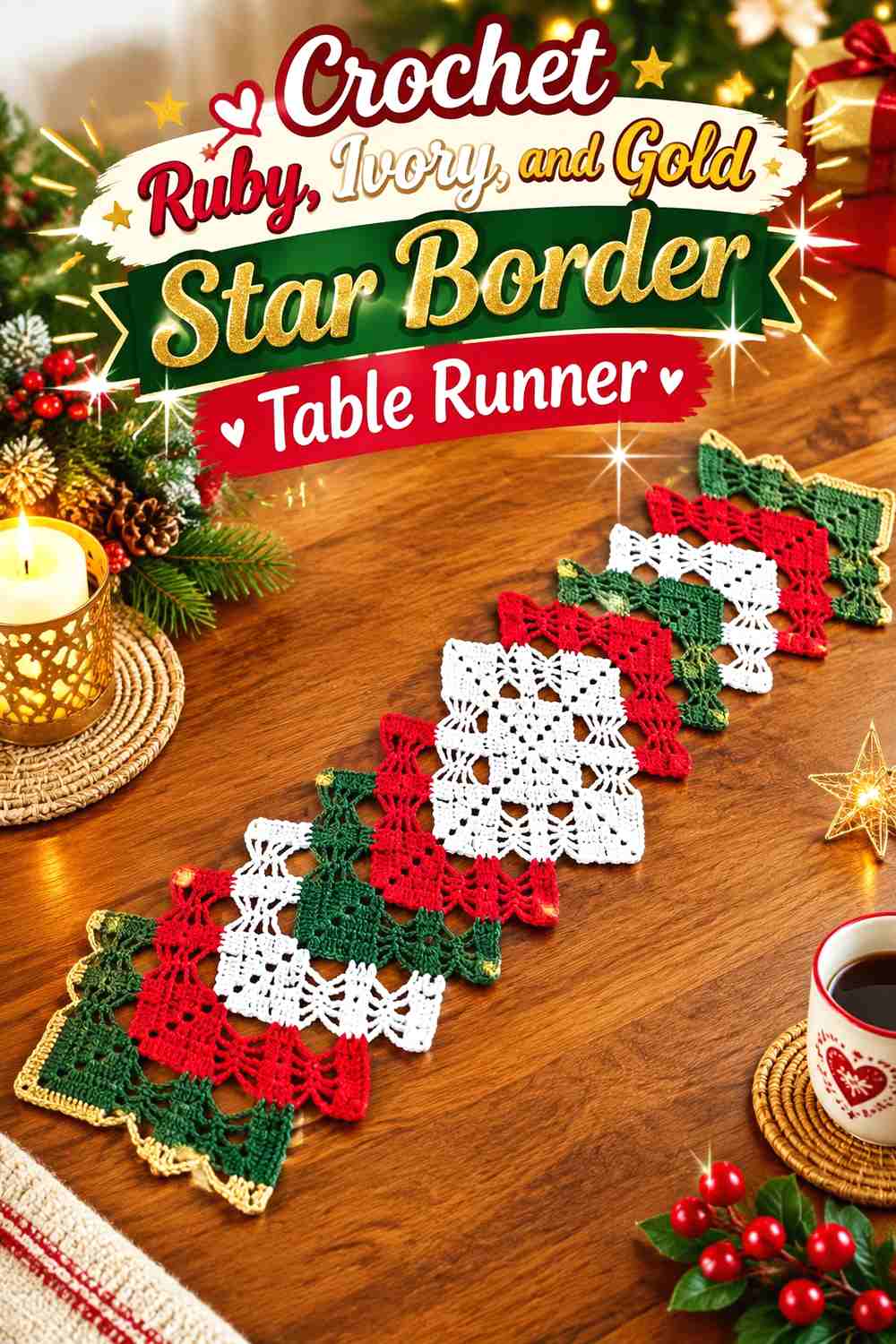 10. Crochet Ruby, Ivory, and Gold Star Border Table Runner