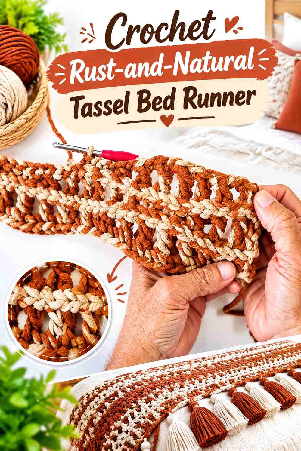 1. Crochet Rust-and-Natural Tassel Bed Runner