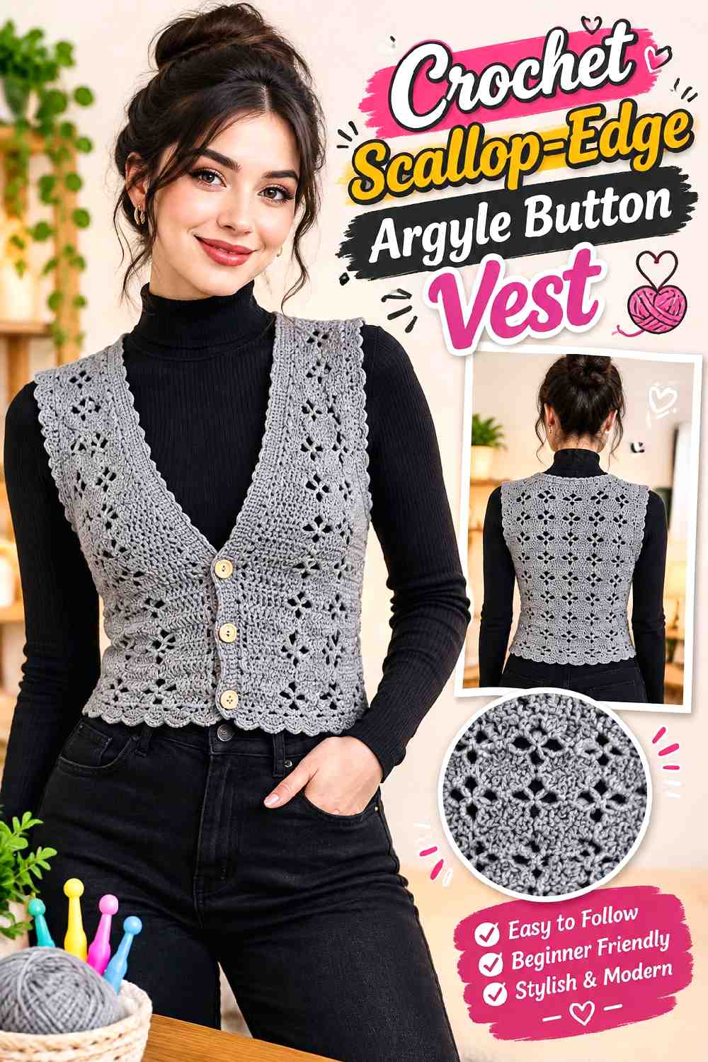 14. Crochet Scallop Edge Argyle Button Vest